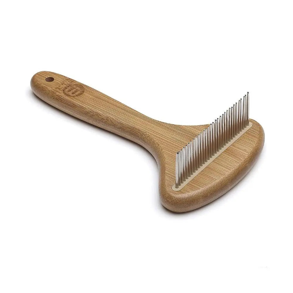 Bamboo pet grooming comb with stainless steel teeth for effective fur detangling and de-shedding.