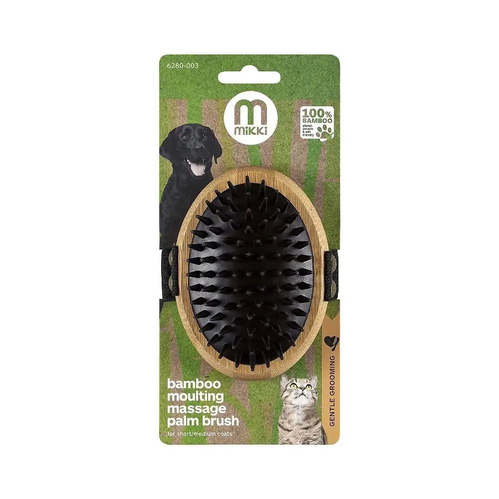Bamboo palm brush for gentle grooming and massage of dogs and cats, eco-friendly pet care tool.