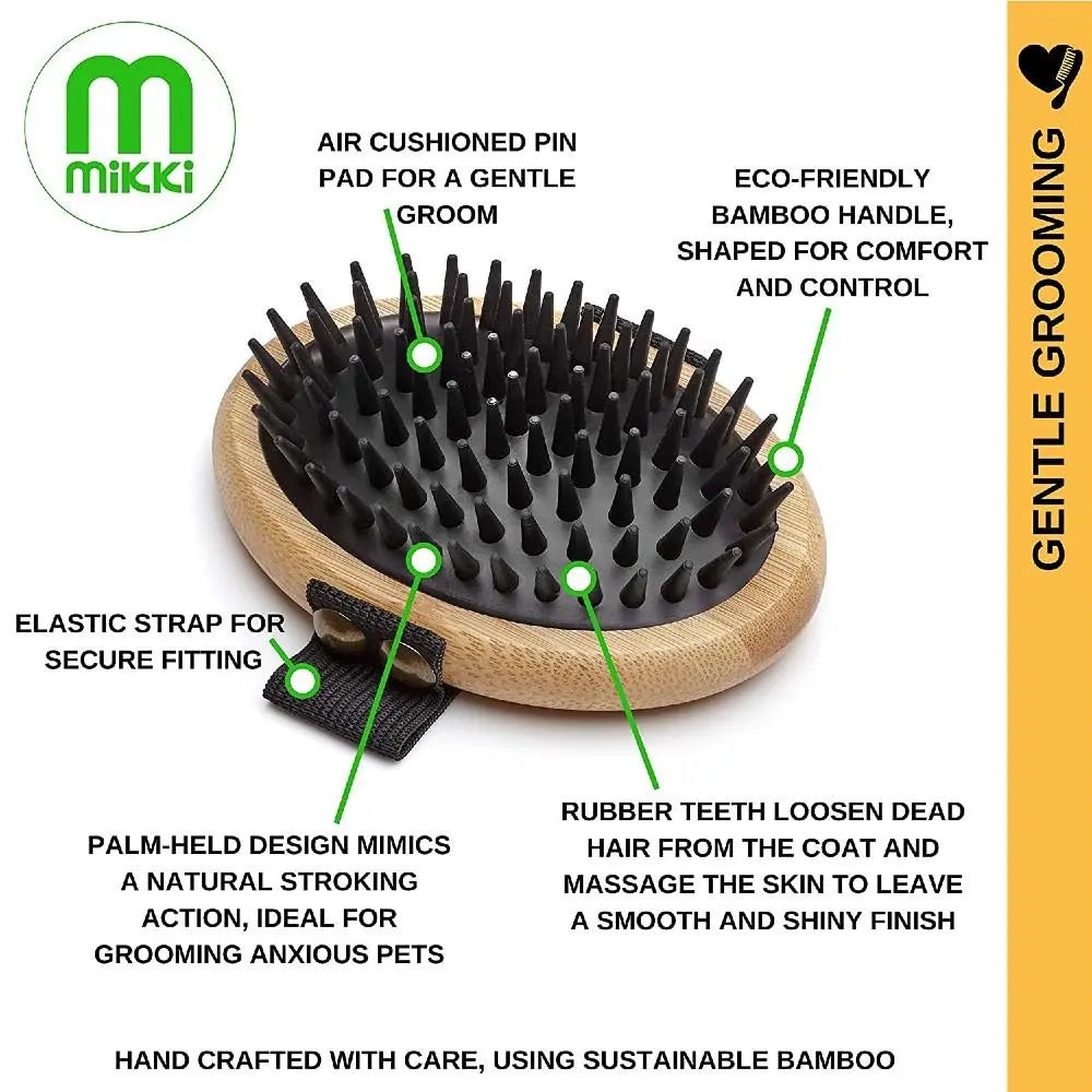 Eco-friendly bamboo grooming brush with air-cushioned pin pad for gentle pet care.