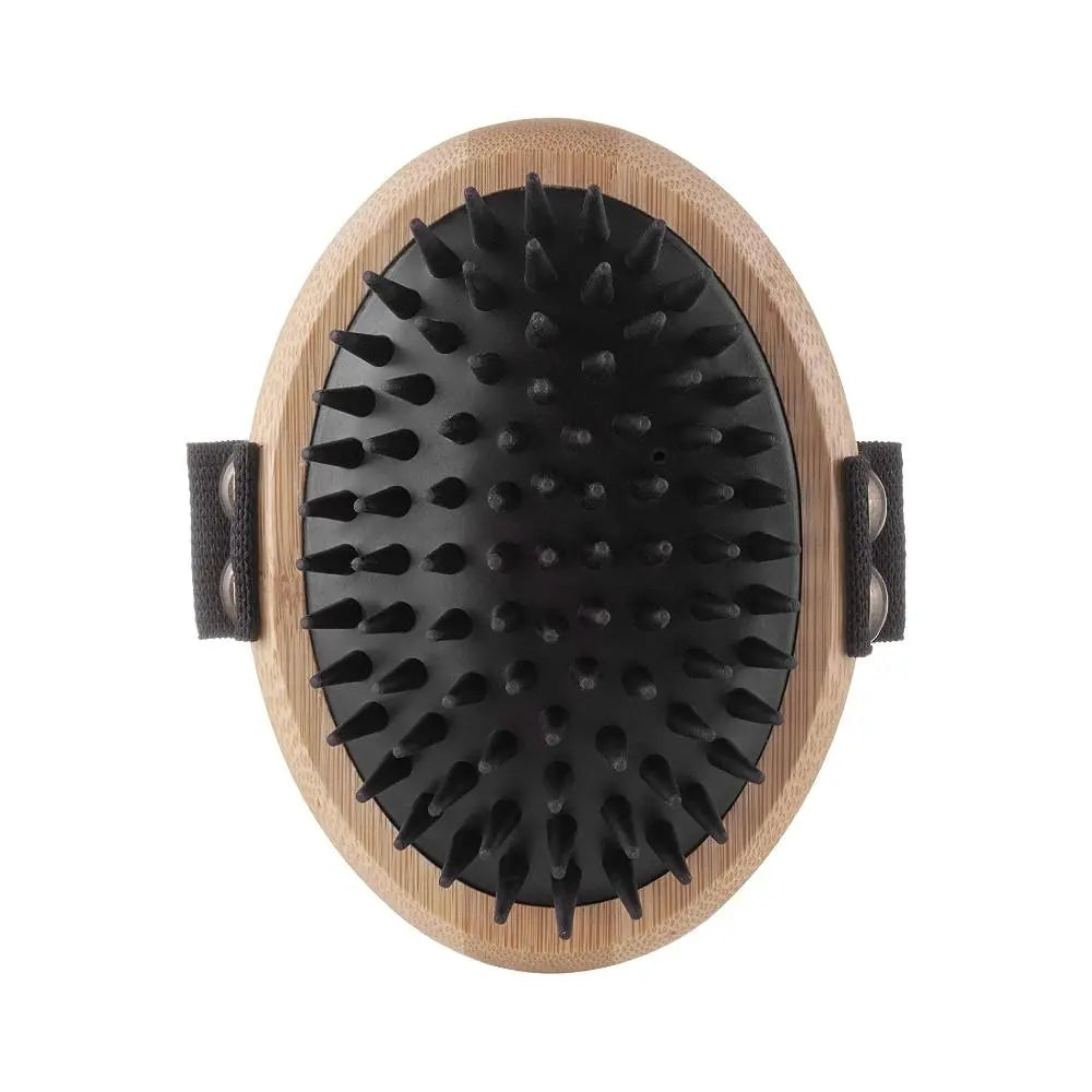 Bamboo massage brush with spiked rubber bristles for scalp stimulation and relaxation.