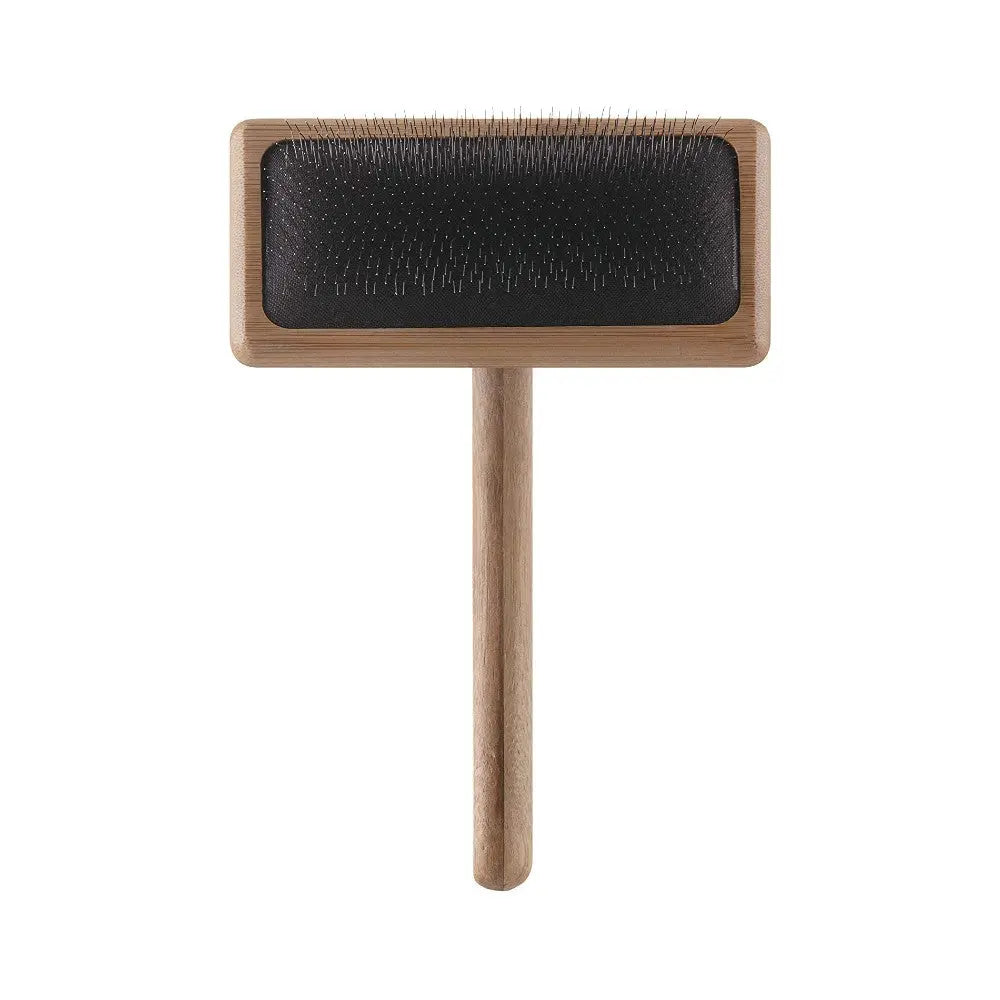 Sleek wooden pet brush with fine bristles for effective grooming and shedding control.
