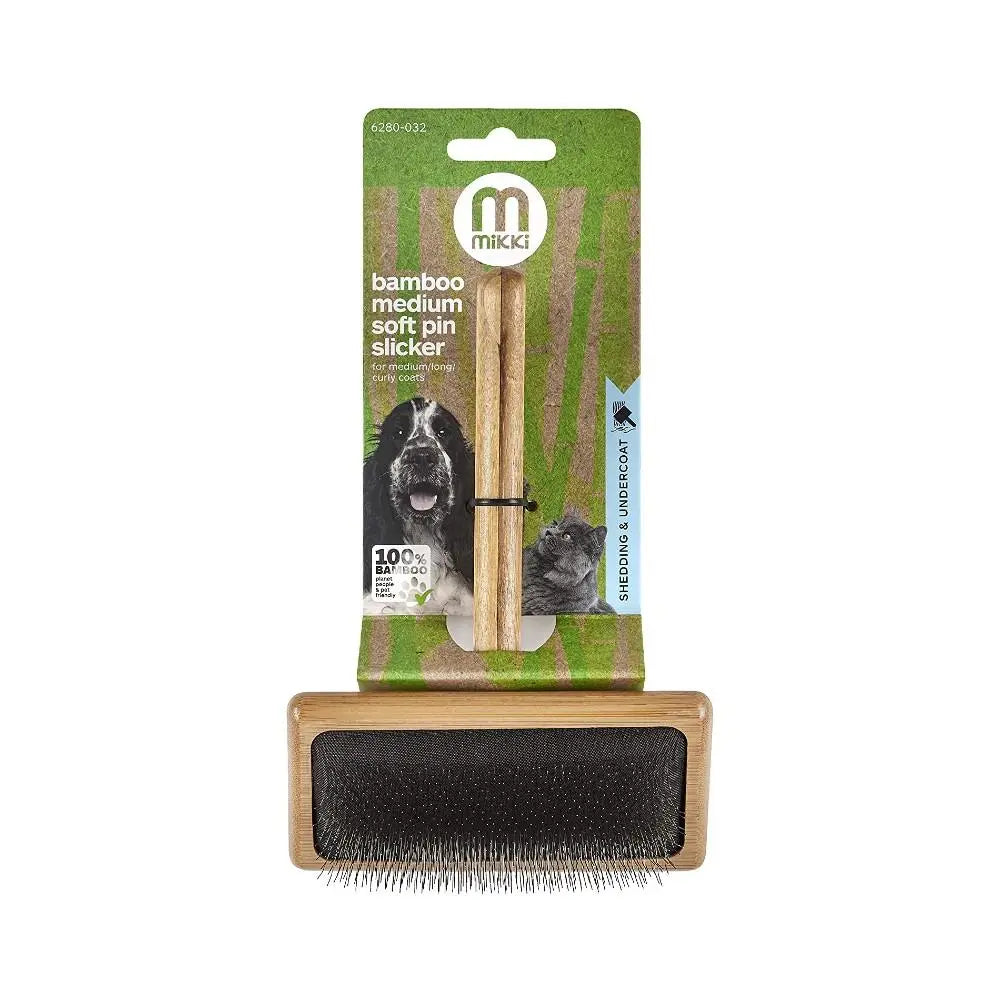 Bamboo medium soft pin slicker brush for grooming dogs, eco-friendly and effective for detangling fur.