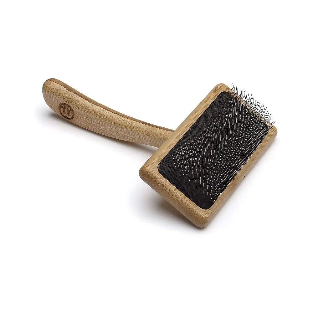 Bamboo pet brush with stainless steel bristles for effective grooming and shedding control.