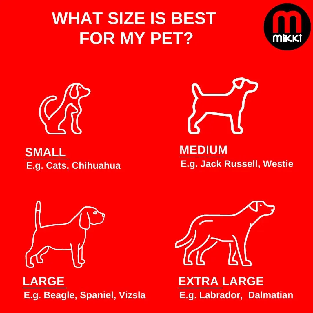 Infographic showing pet size categories: small, medium, large, and extra large with example breeds.