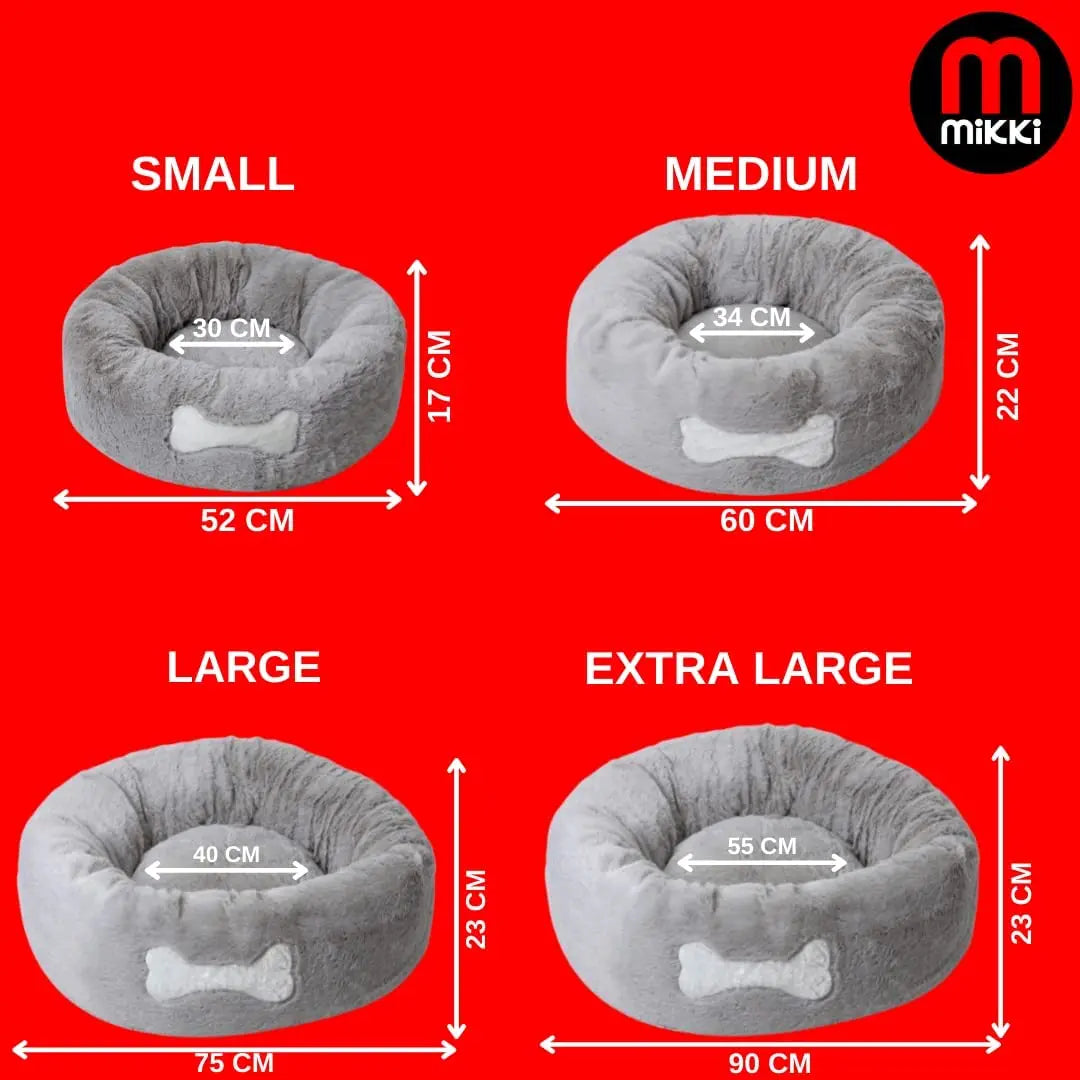 Cozy pet beds in four sizes: small, medium, large, and extra large, with soft gray fabric and bone design.