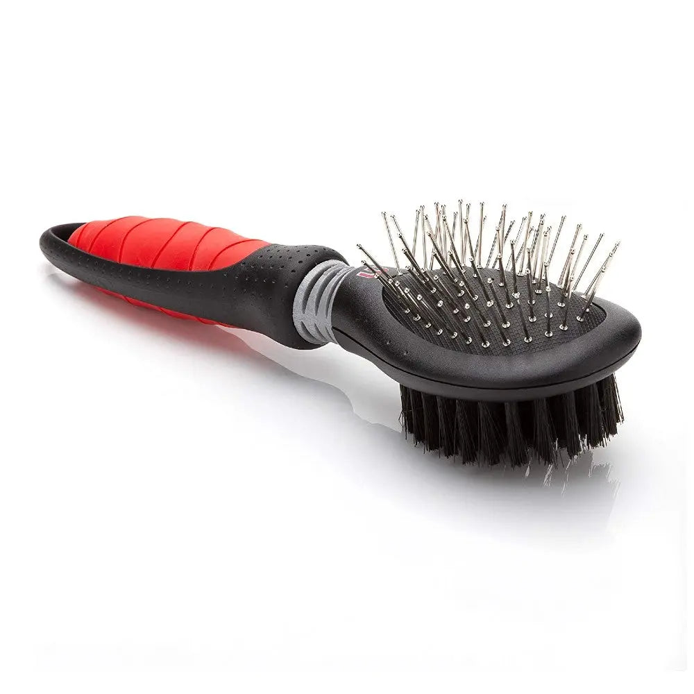 Pet grooming brush with metal bristles and rubber grip for effective fur detangling and styling.