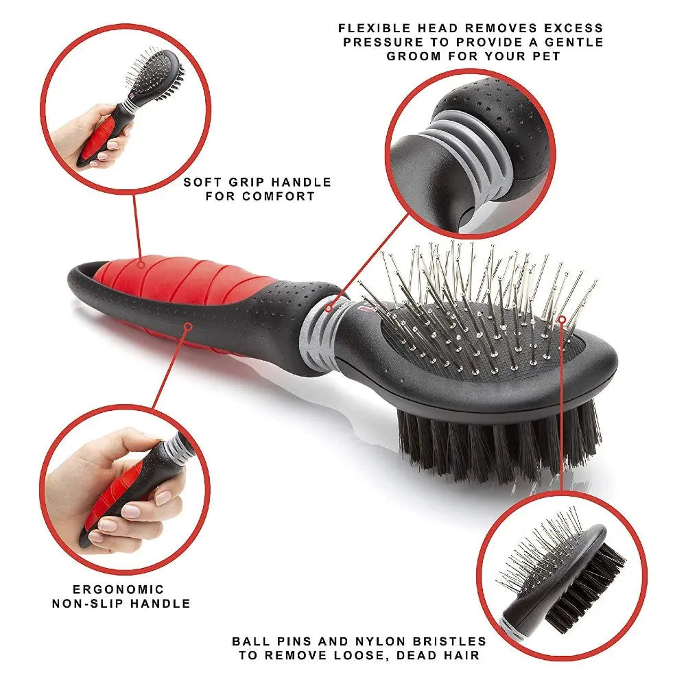 Pet grooming brush with ergonomic design, flexible head, and soft grip for comfortable use.