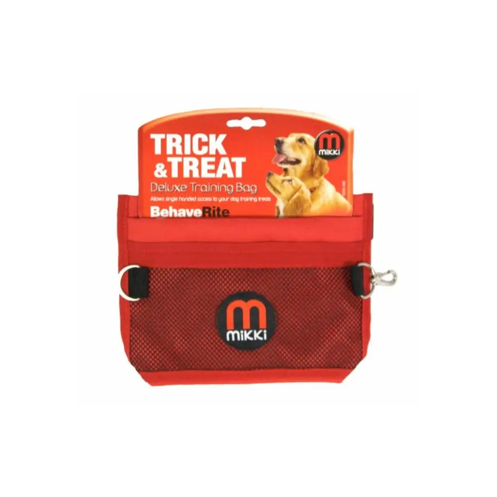 Red dog training bag with mesh pocket for treats and easy access during training sessions.