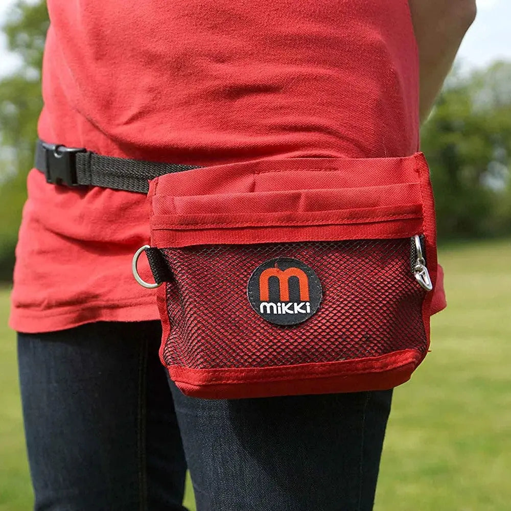 Red Mikki dog training pouch with adjustable belt for treats and accessories.