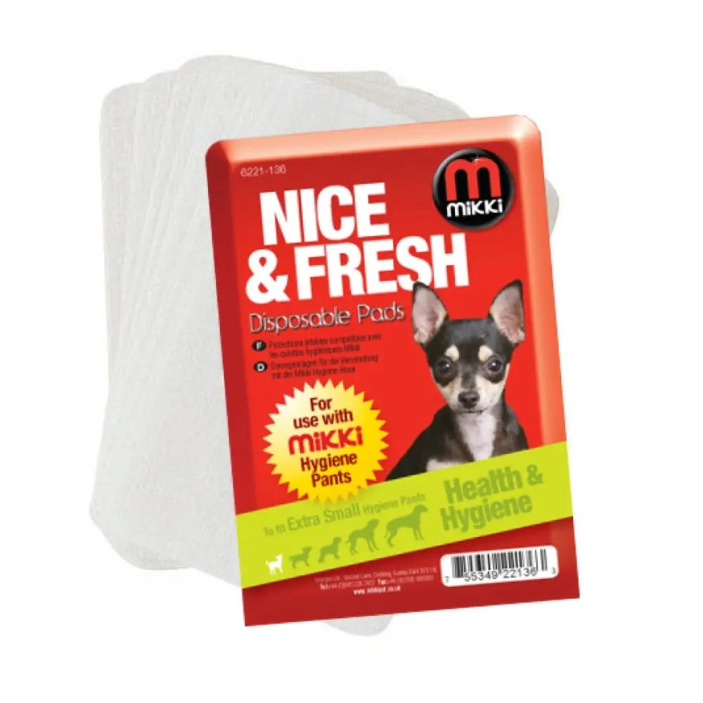 Disposable pet pads for hygiene, ideal for Mikki hygiene pants, featuring a cute dog on the packaging.