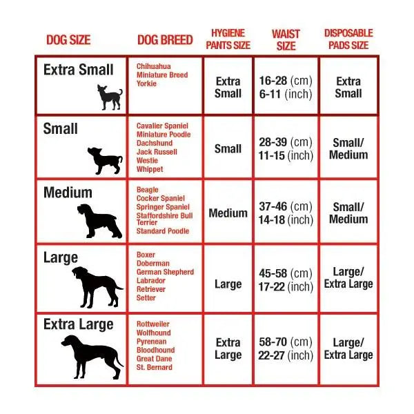 Dog size and breed hygiene pant size chart for pet owners, including waist and disposable pad sizes.