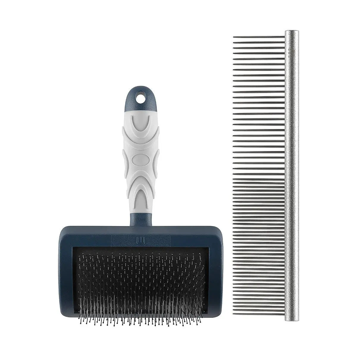 Pet grooming tools including a slicker brush and metal comb for effective fur care.