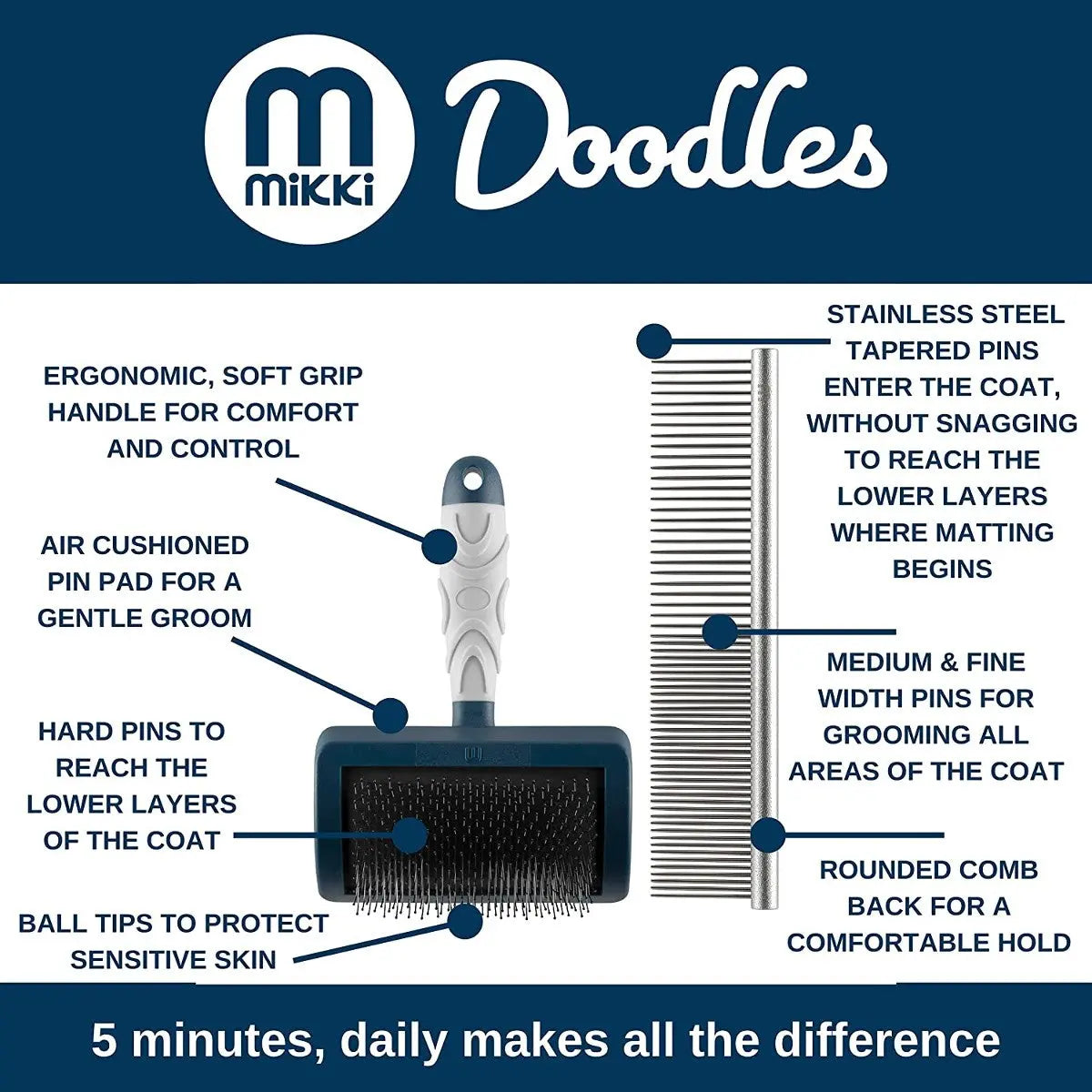 Mikki Doodles grooming tools with ergonomic handle, stainless steel pins, and ball tips for sensitive skin.