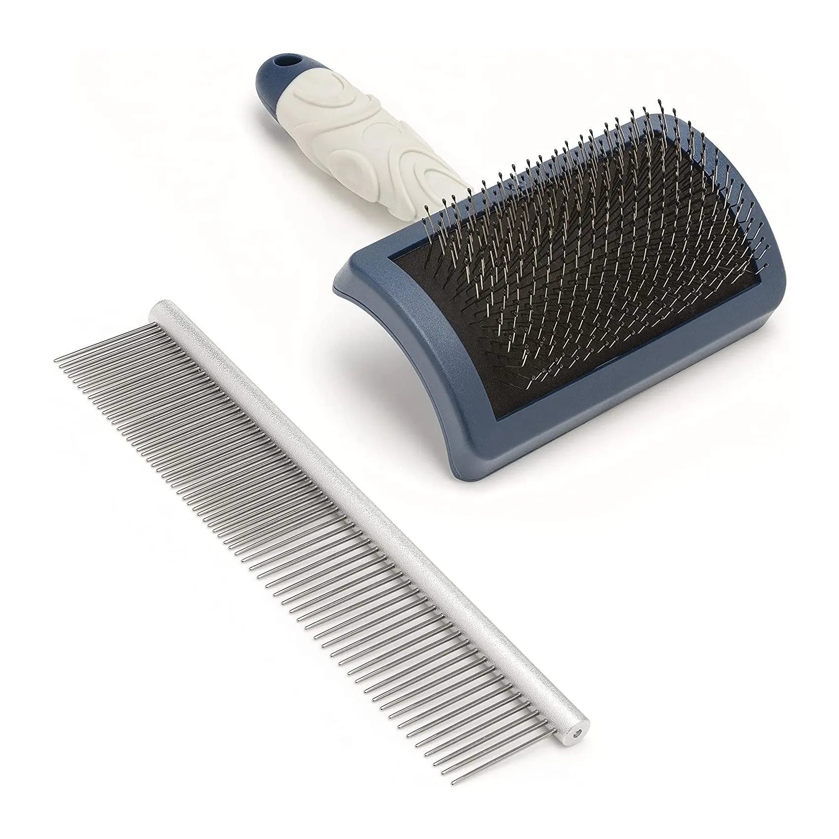 Pet grooming tools including a slicker brush and a metal comb for effective fur care.