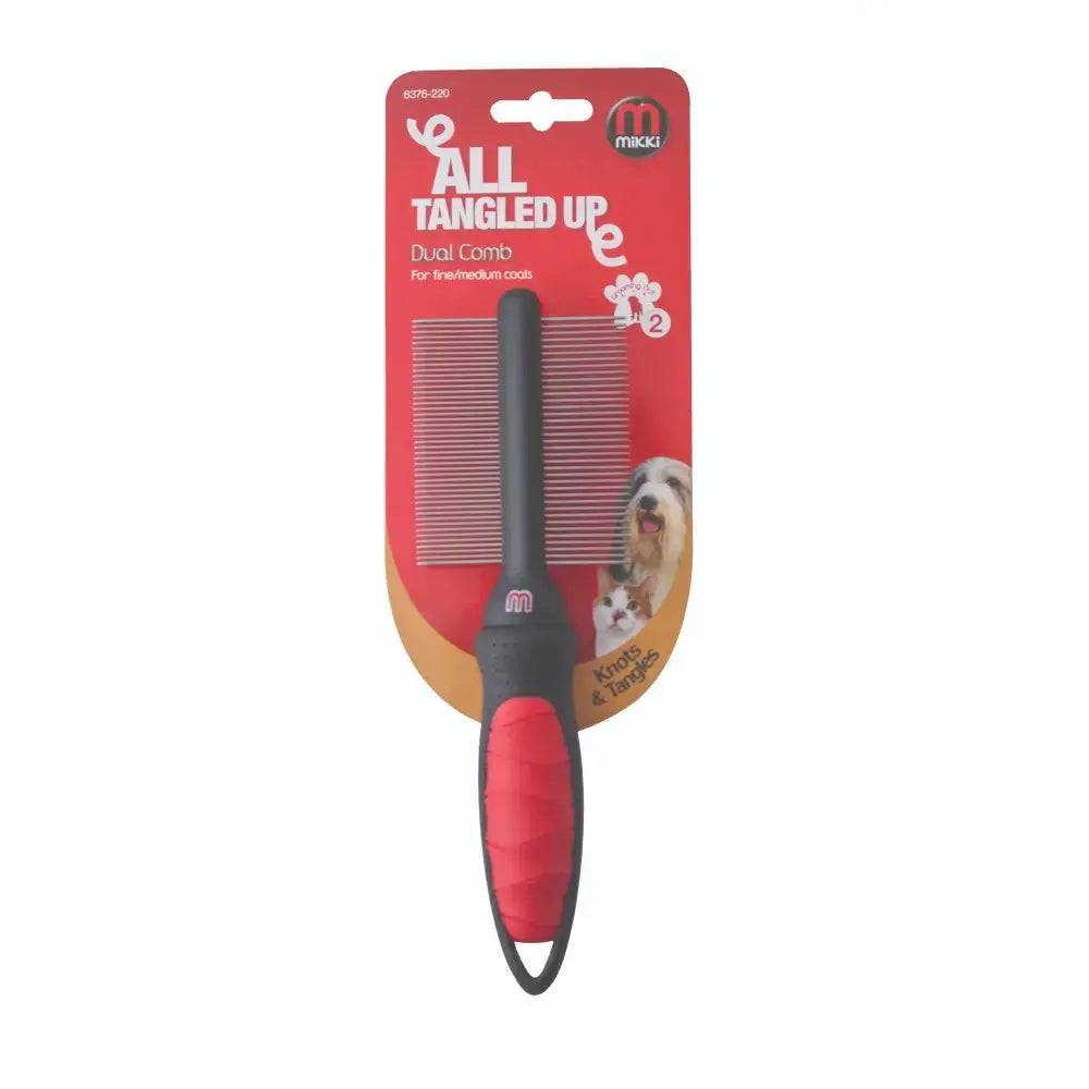 Dual comb for medium to large dogs, designed to detangle and groom fur effectively.