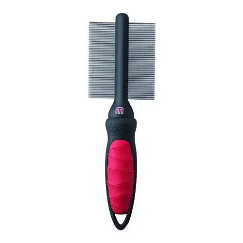 Pet grooming comb with a comfortable grip for effective de-shedding and detangling.