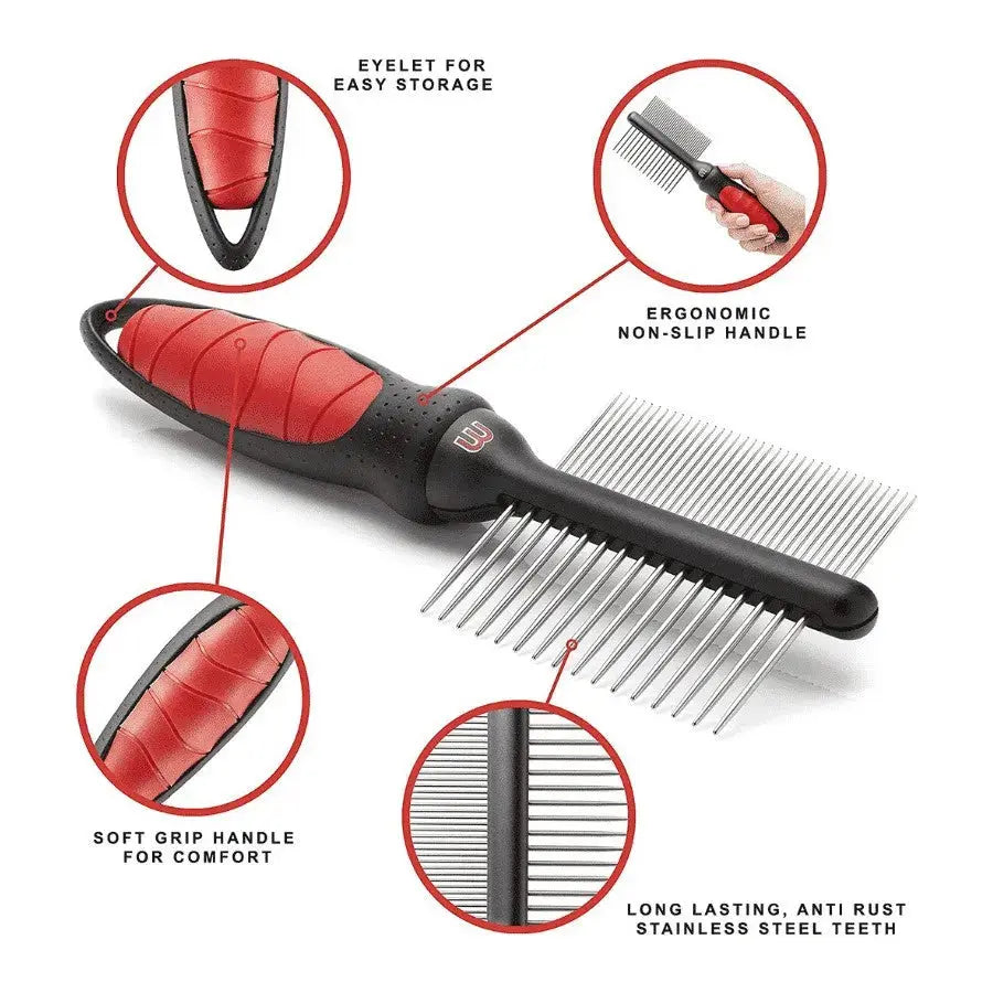 Ergonomic pet grooming comb with non-slip handle and stainless steel teeth for effective detangling.