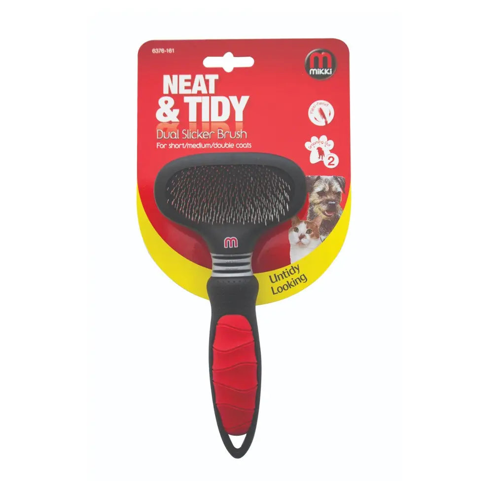 Dual slicker brush for short to medium dog coats, featuring a comfortable grip and effective grooming design.