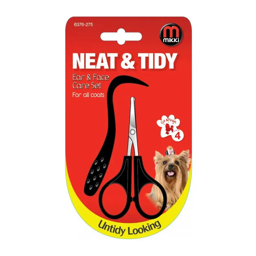 Mikki Neat & Tidy ear and face care set for all dog coats, featuring scissors and a grooming tool.