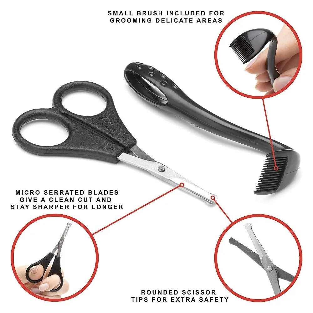 Grooming scissors with micro-serrated blades and a small brush for delicate areas.