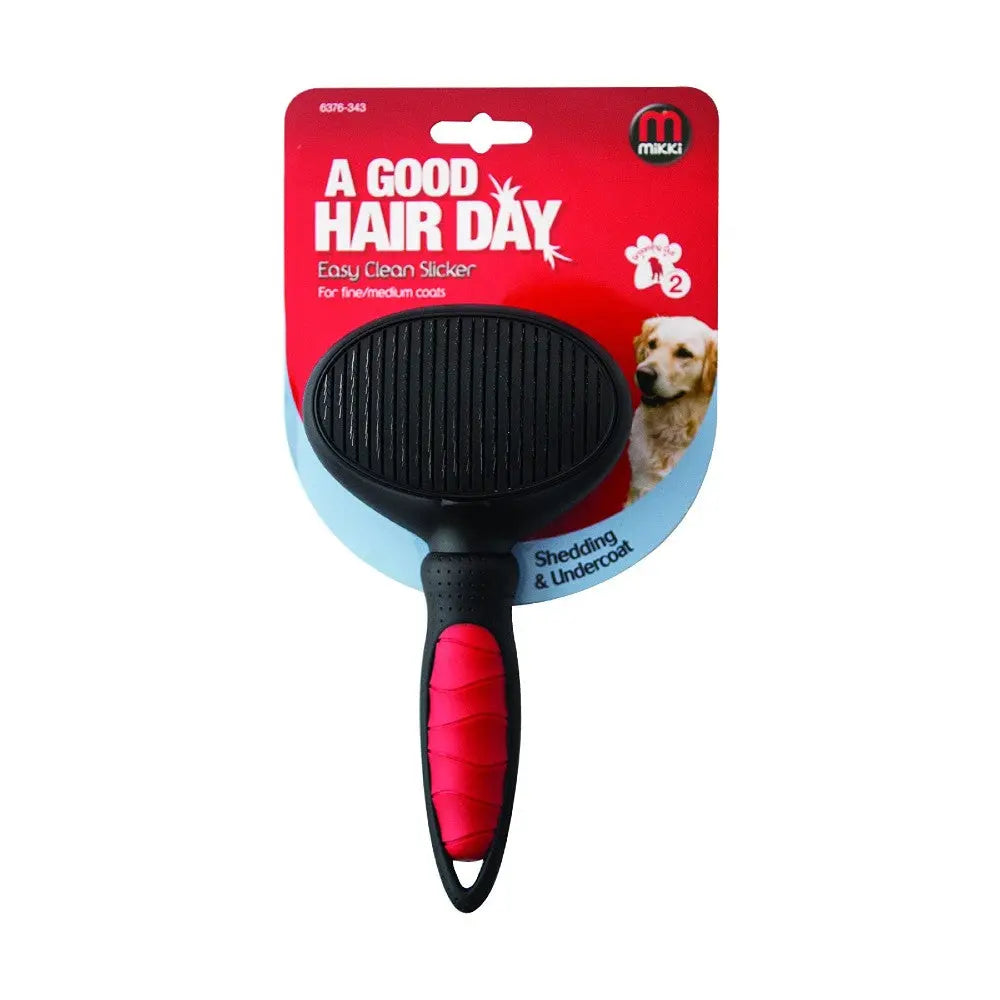 Dog grooming slicker brush for easy shedding and undercoat removal.