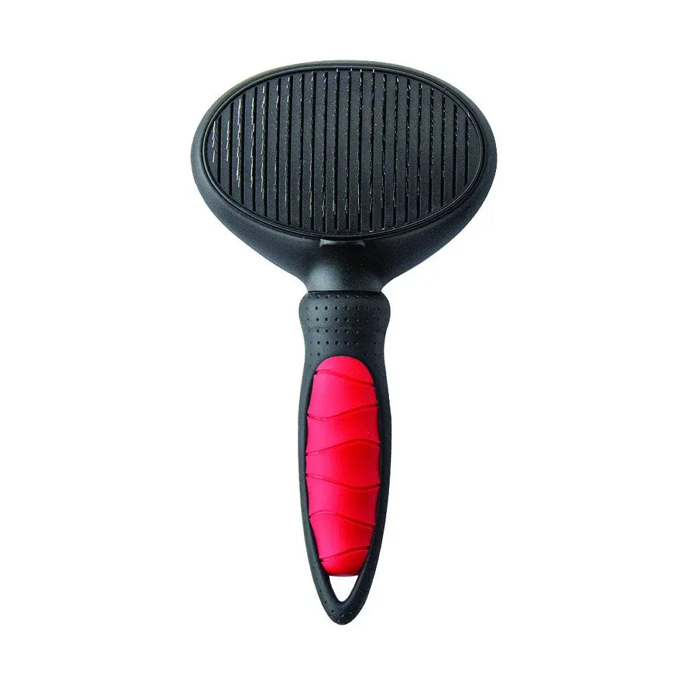 Pet grooming brush with a comfortable grip for effective fur removal and detangling.