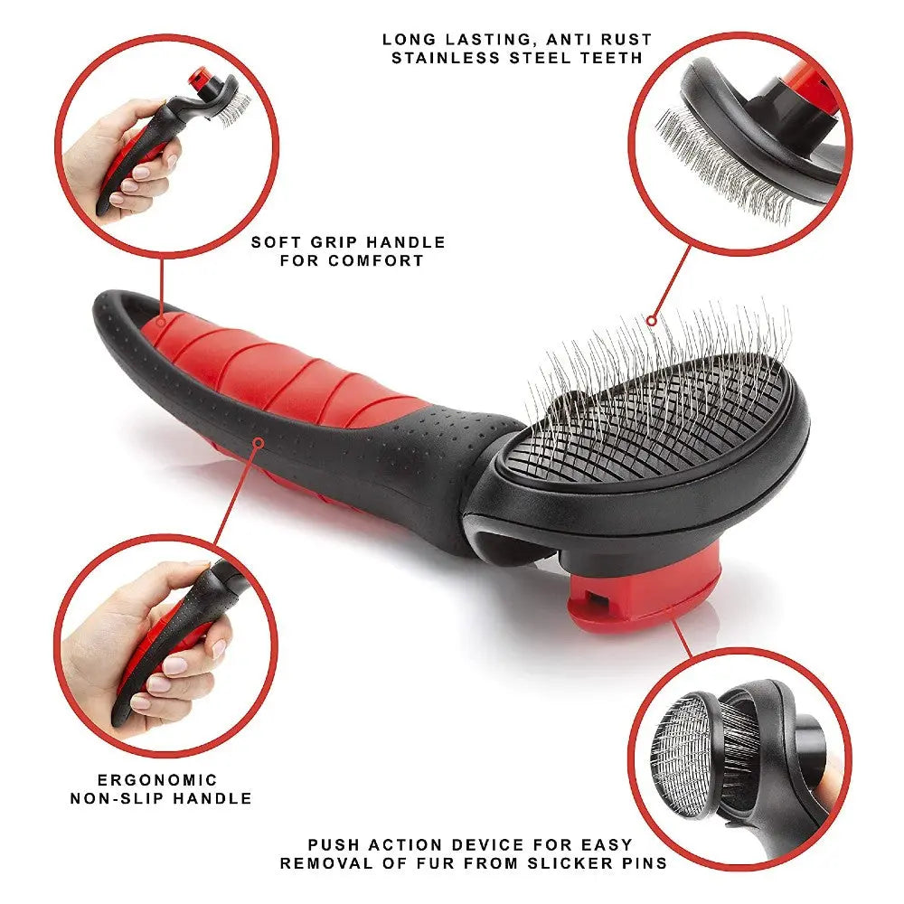 Ergonomic pet grooming brush with stainless steel teeth for easy fur removal and comfortable grip.