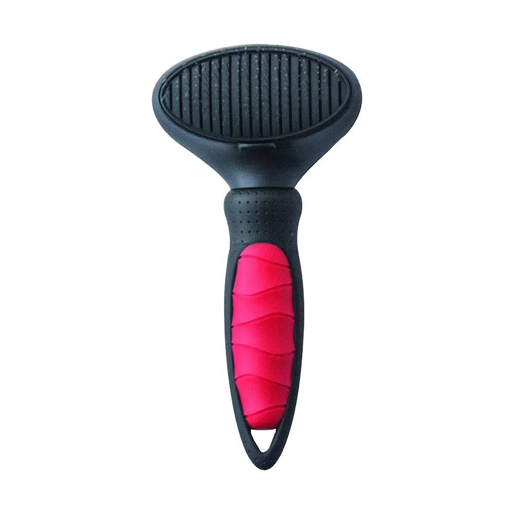 Pet grooming tool with a comfortable grip for effective fur removal and detangling.