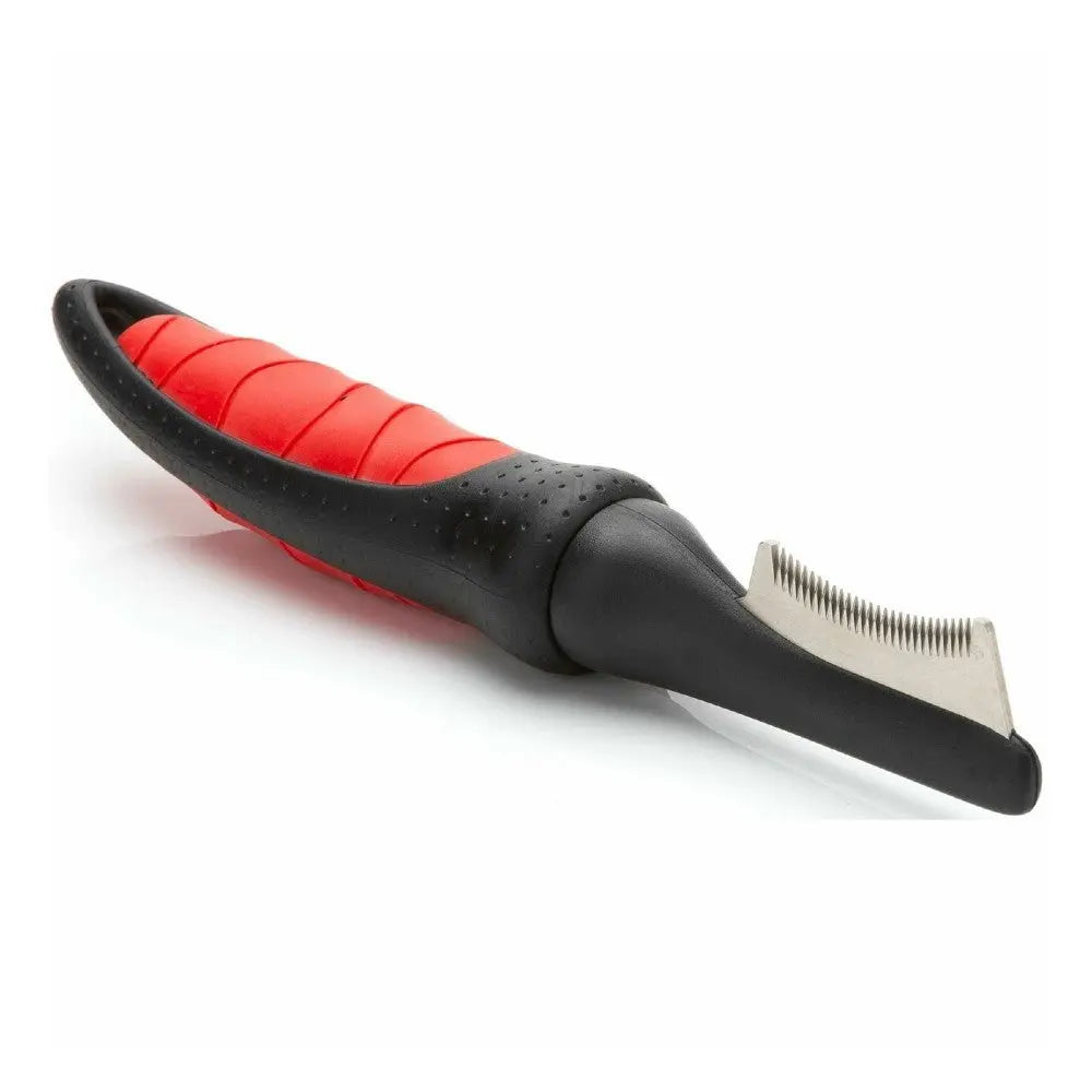 Pet grooming tool with a comfortable grip and stainless steel blade for effective shedding.