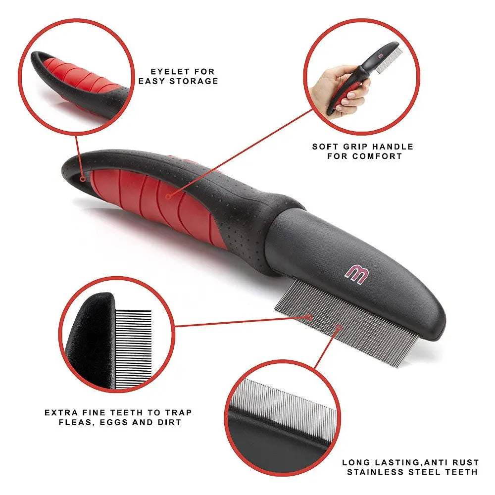 Flea comb with soft grip handle and fine teeth for effective flea and dirt removal.