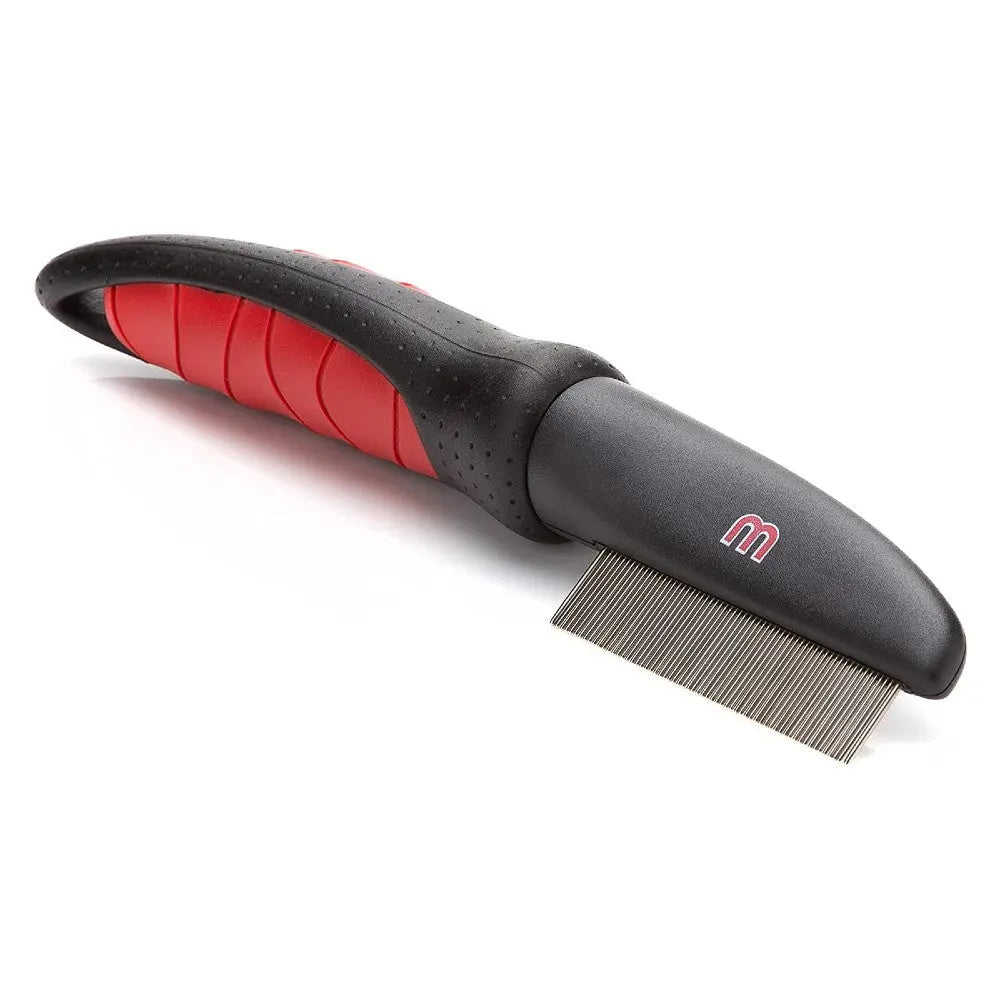 Pet grooming tool with a comfortable grip and fine-toothed comb for effective fur removal.