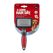 Dog grooming tool, hard pin slicker brush for thick and dense coats, ideal for shedding and undercoat care.