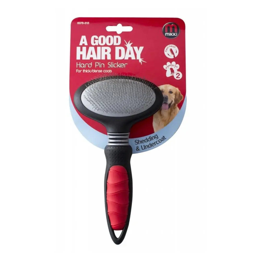 Dog grooming tool, hard pin slicker brush for thick coats, designed for shedding and undercoat care.