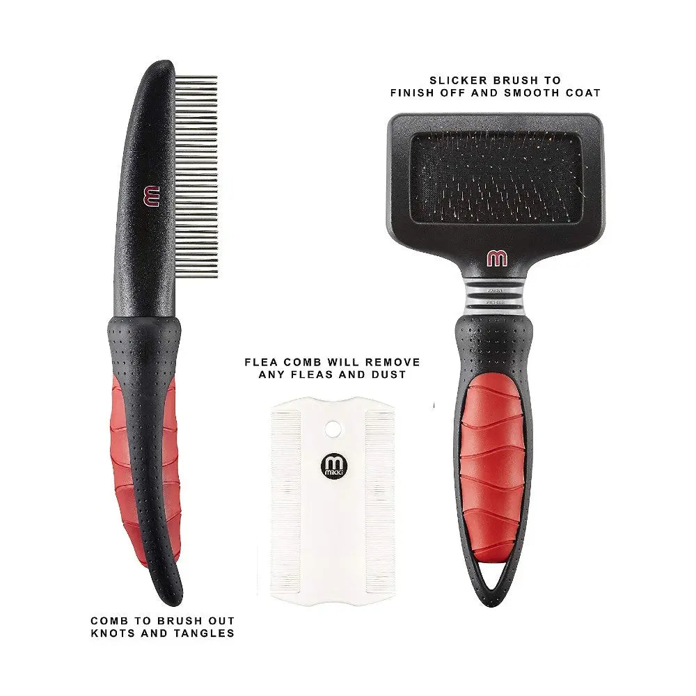 Pet grooming tools including a slicker brush, comb, and flea comb for removing knots and fleas.