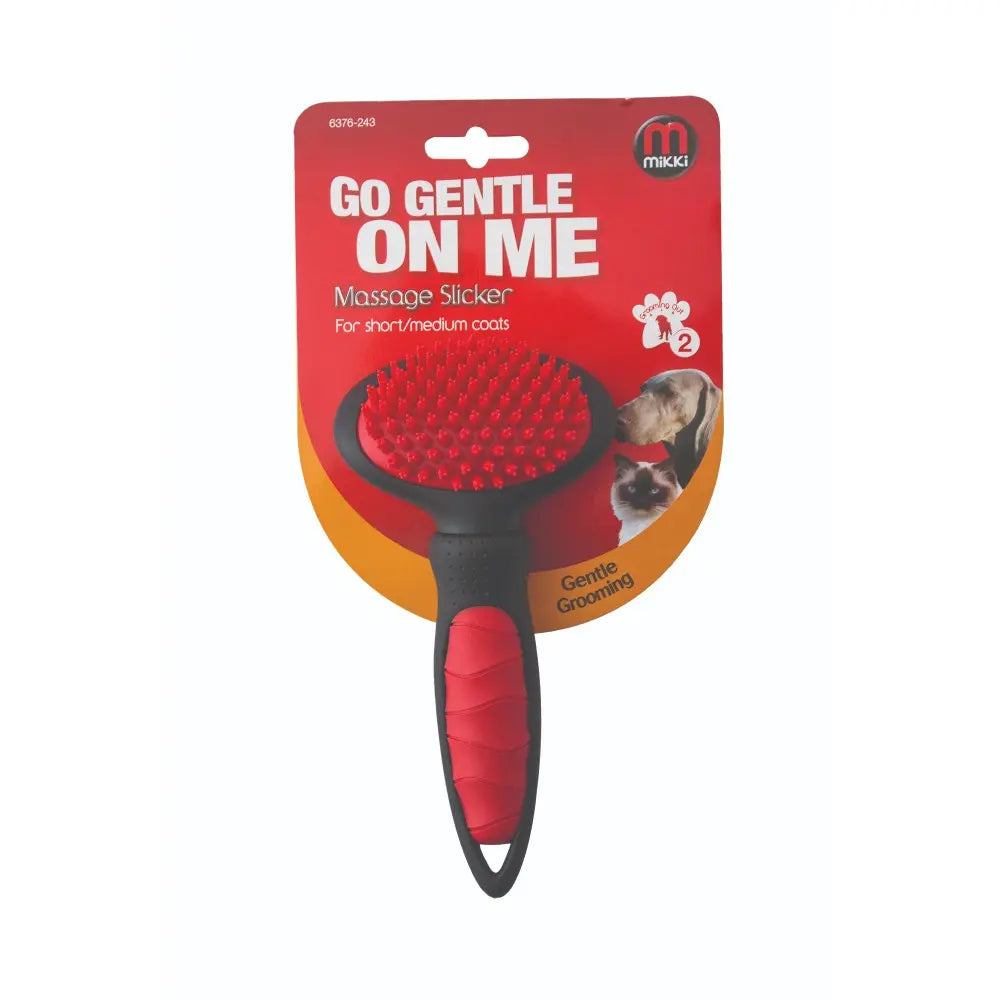 Massage slicker brush for gentle grooming of short to medium cat coats.