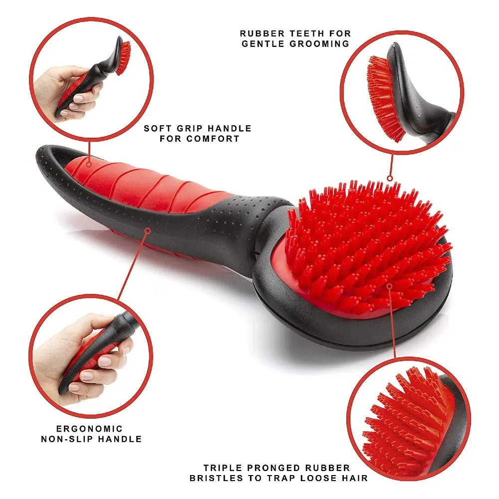 Ergonomic pet grooming brush with rubber teeth for gentle detangling and a comfortable grip.