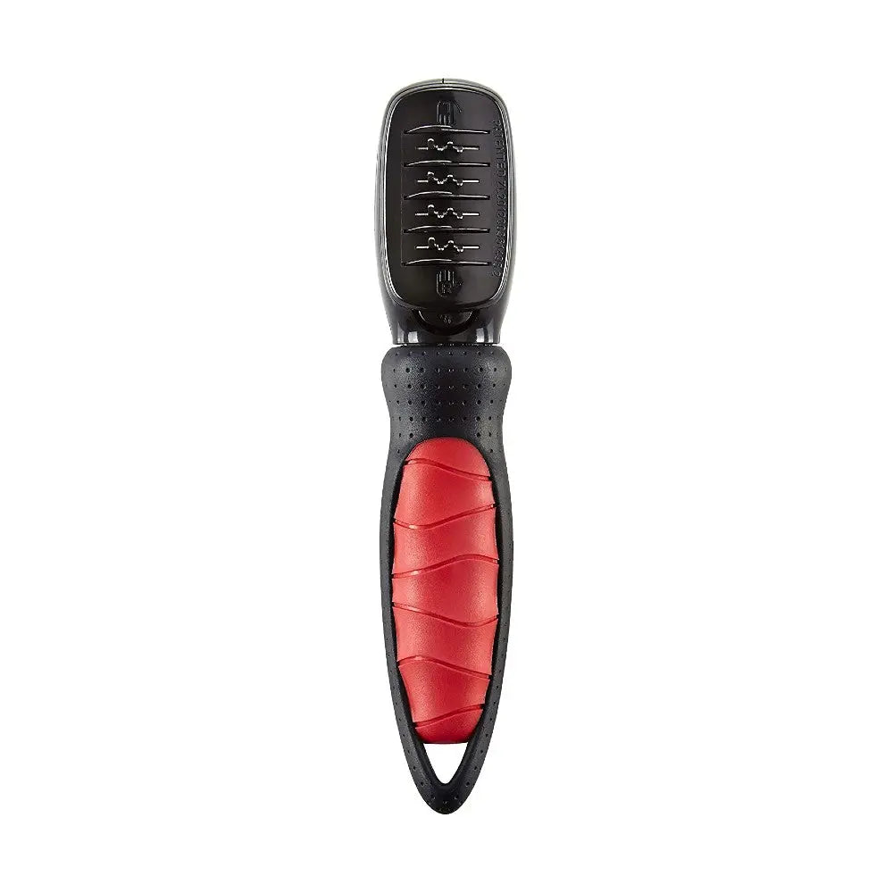 Pet grooming tool with a comfortable grip for effective de-shedding and fur removal.