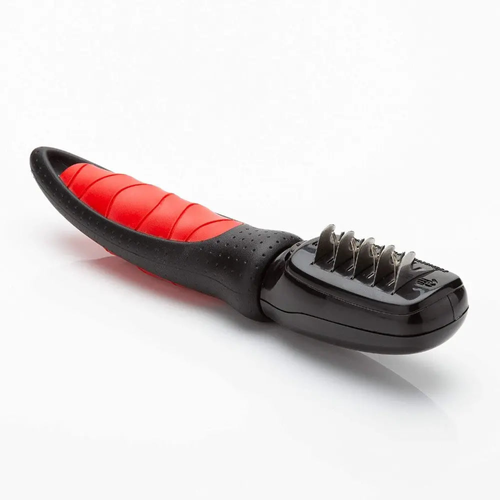 Ergonomic pet grooming tool with stainless steel blades for effective de-shedding.