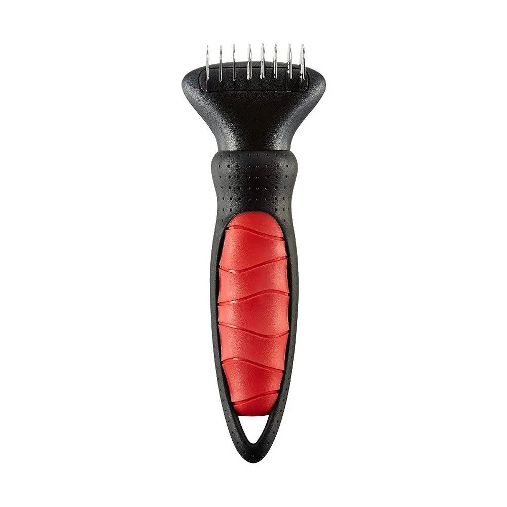 Pet grooming tool with a comfortable grip for effective de-shedding and fur removal.