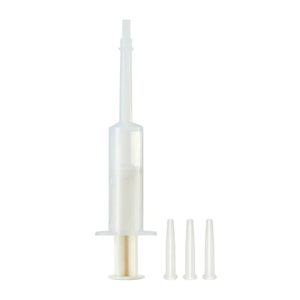 Syringe with three interchangeable tips for precise dosing and application.