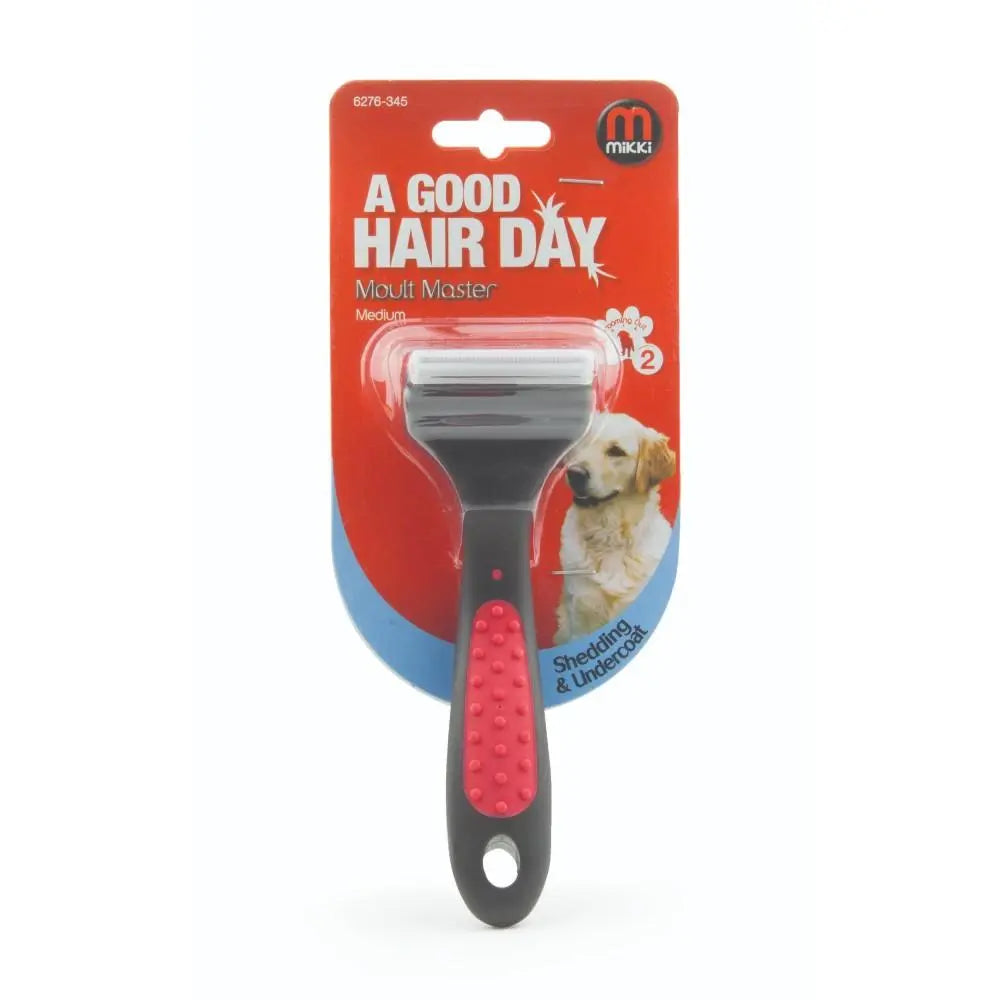 Dog grooming tool, shedding brush, effective for removing loose fur and undercoat, designed for medium-sized pets.