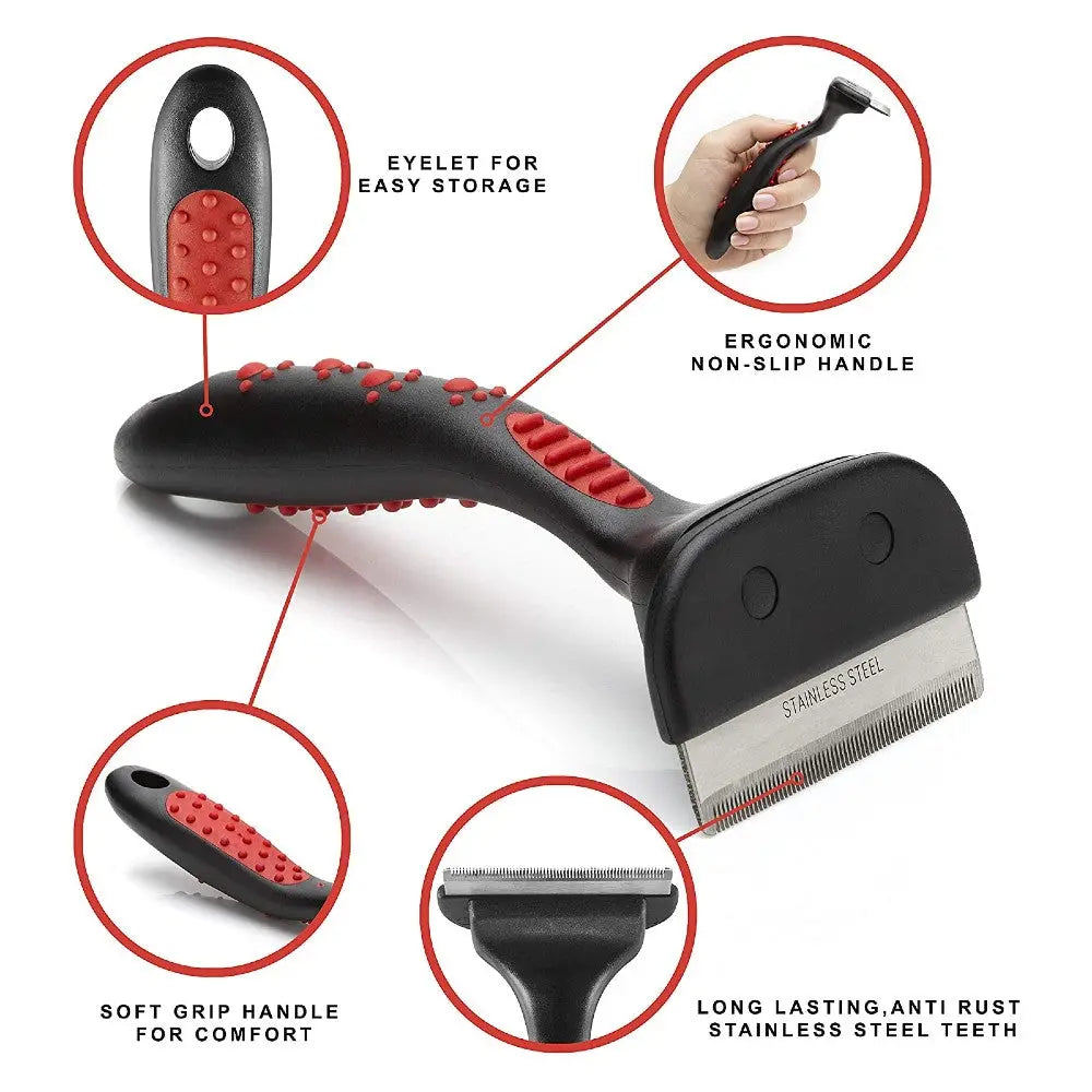 Ergonomic pet grooming tool with stainless steel teeth and non-slip handle for comfortable use.