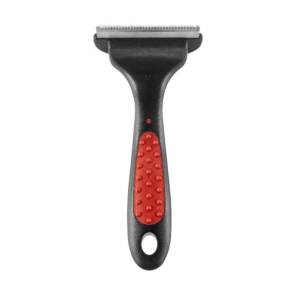 Pet grooming tool, shedding brush with ergonomic handle for effective fur removal.