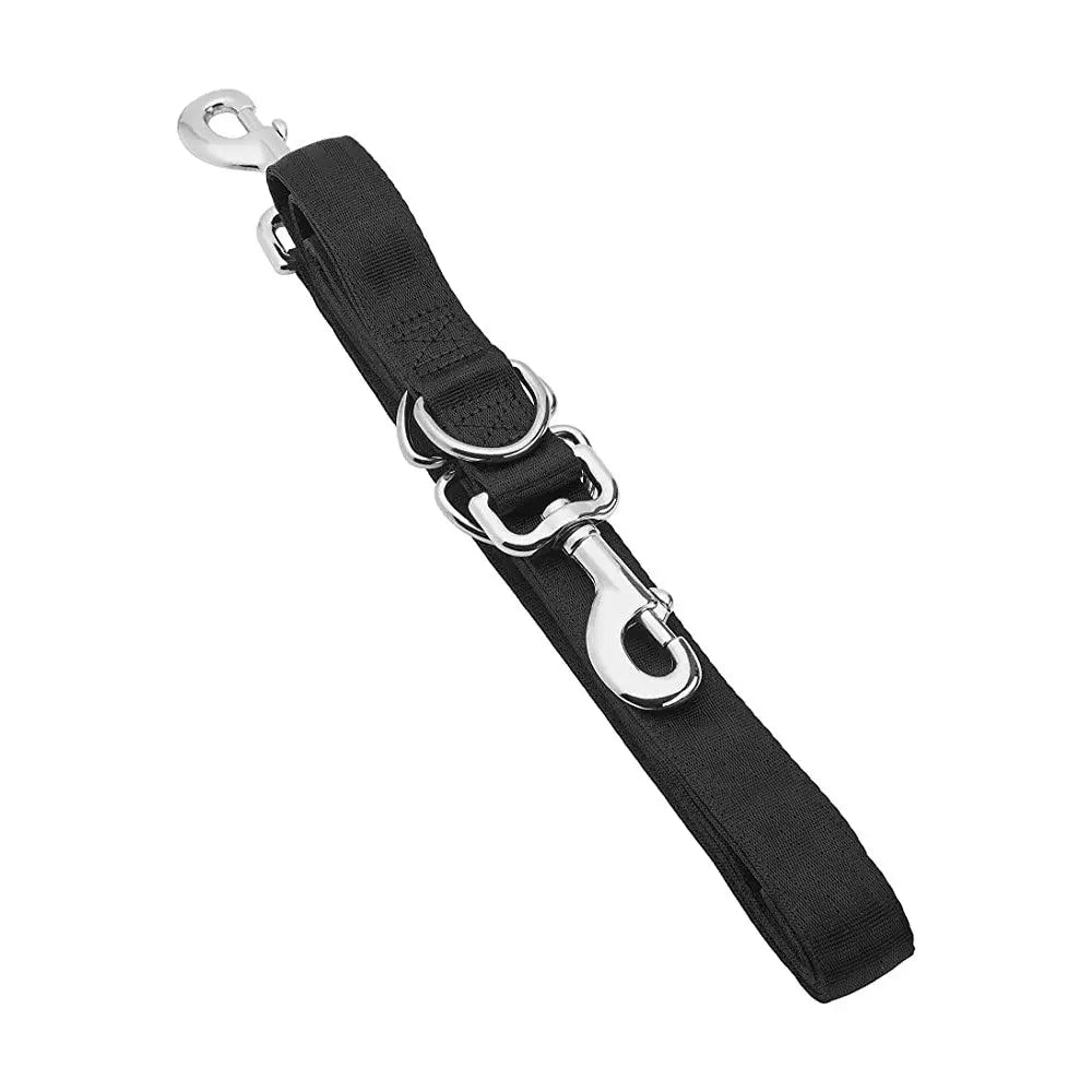 Durable black dog leash with metal clips for secure pet control and comfort during walks.