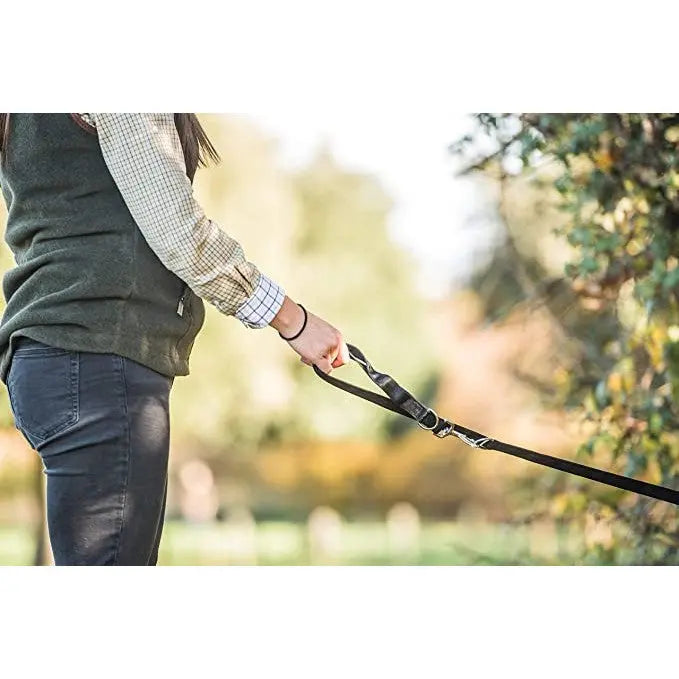 Person holding a dog leash while walking in a sunny outdoor setting.