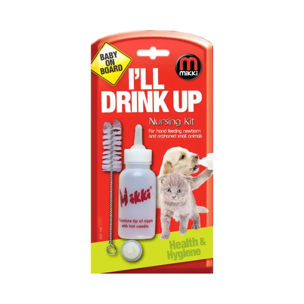 Nursing kit for newborn pets, including bottle, nipple, and cleaning brush for health and hygiene.