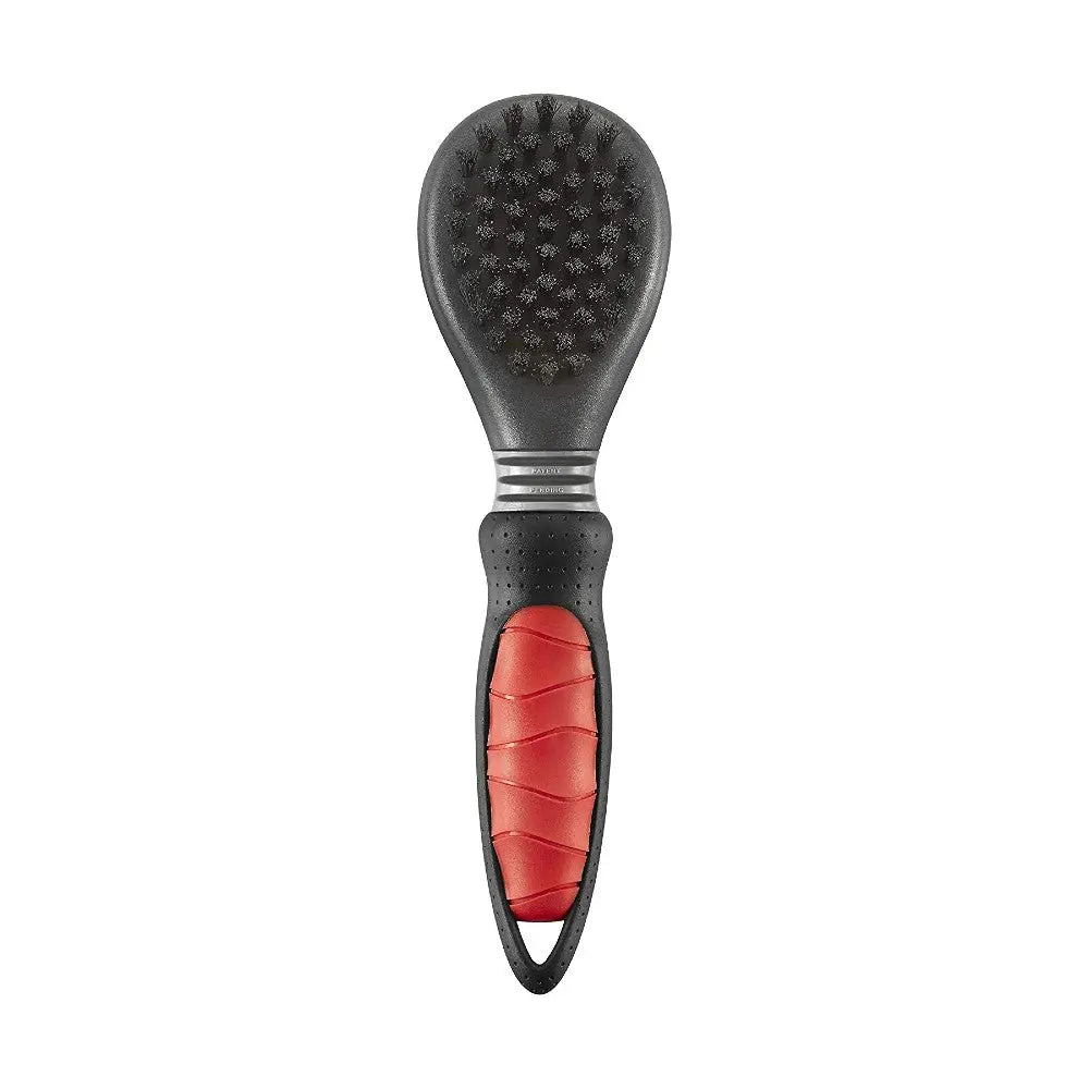Pet grooming brush with ergonomic handle for effective fur removal and comfort.