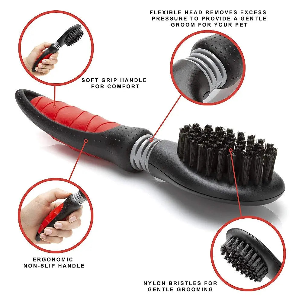 Pet grooming brush with ergonomic handle and nylon bristles for gentle, effective grooming.