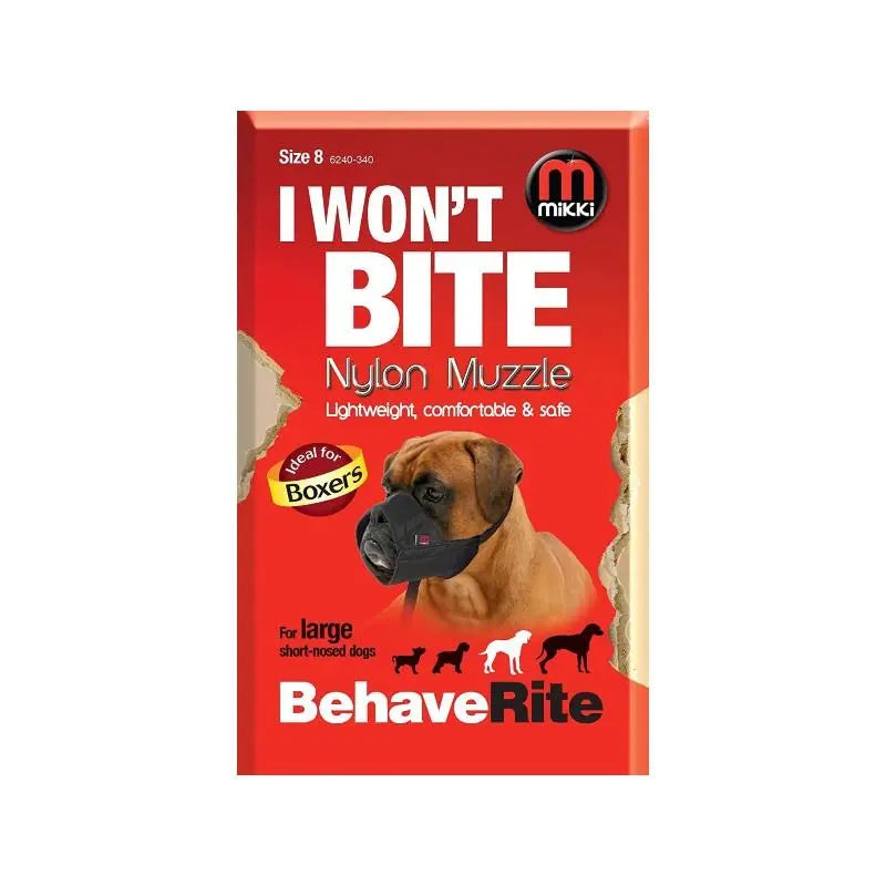 Nylon muzzle packaging for Boxers, featuring safety and comfort details.