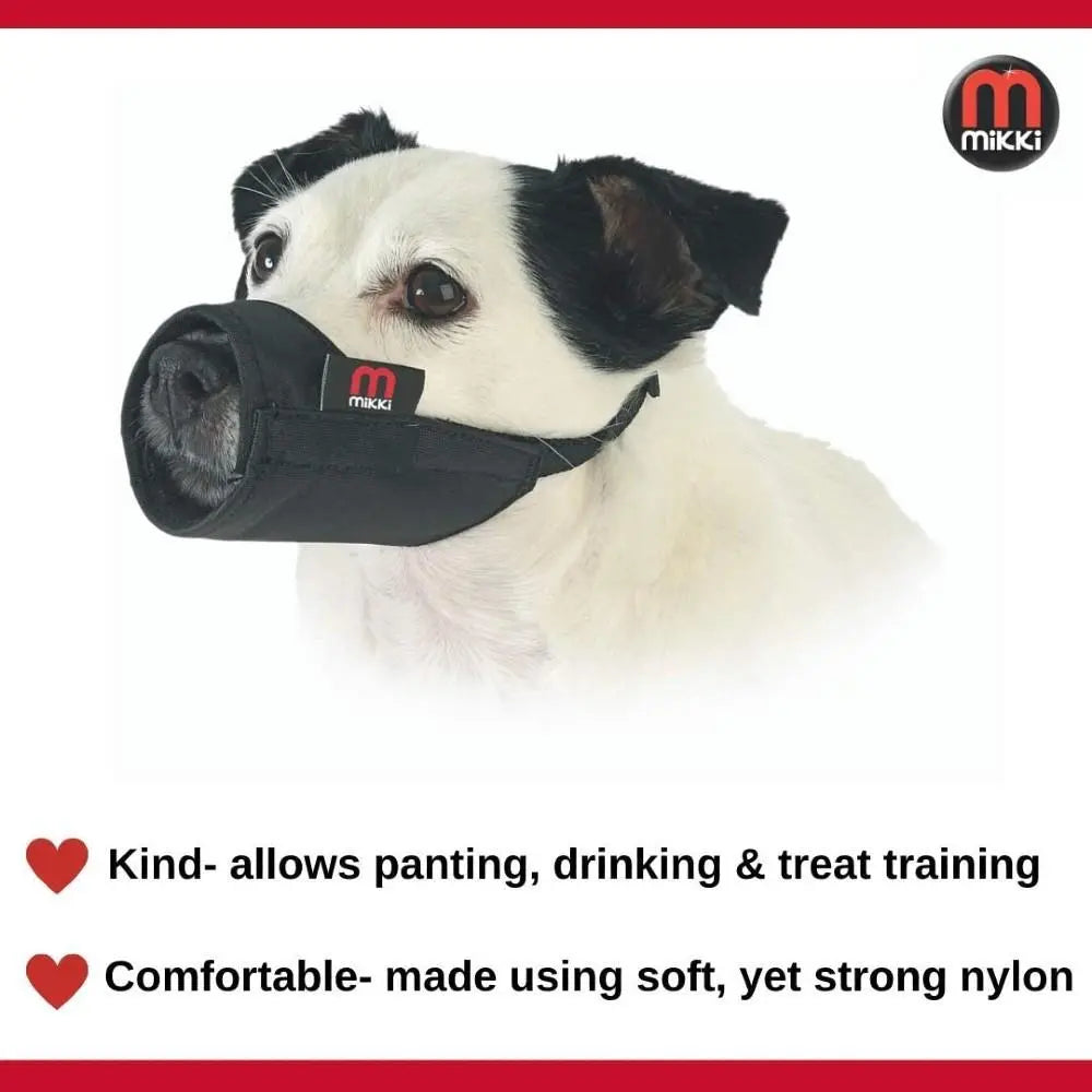 Dog muzzle designed for comfort, allowing panting, drinking, and treat training.